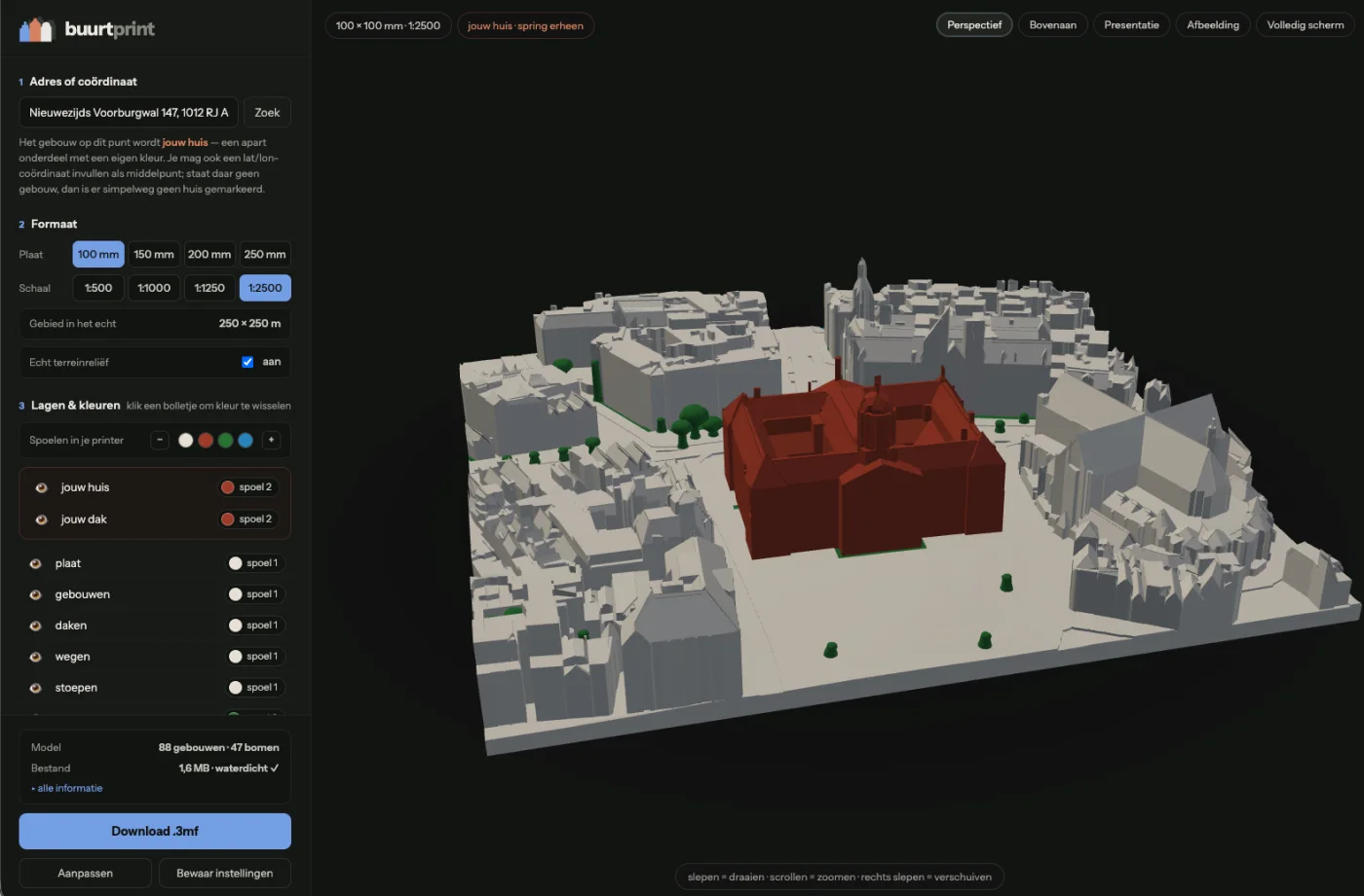 Schermafbeelding van de Buurtprint-configurator met het 3D-model en de instellingen